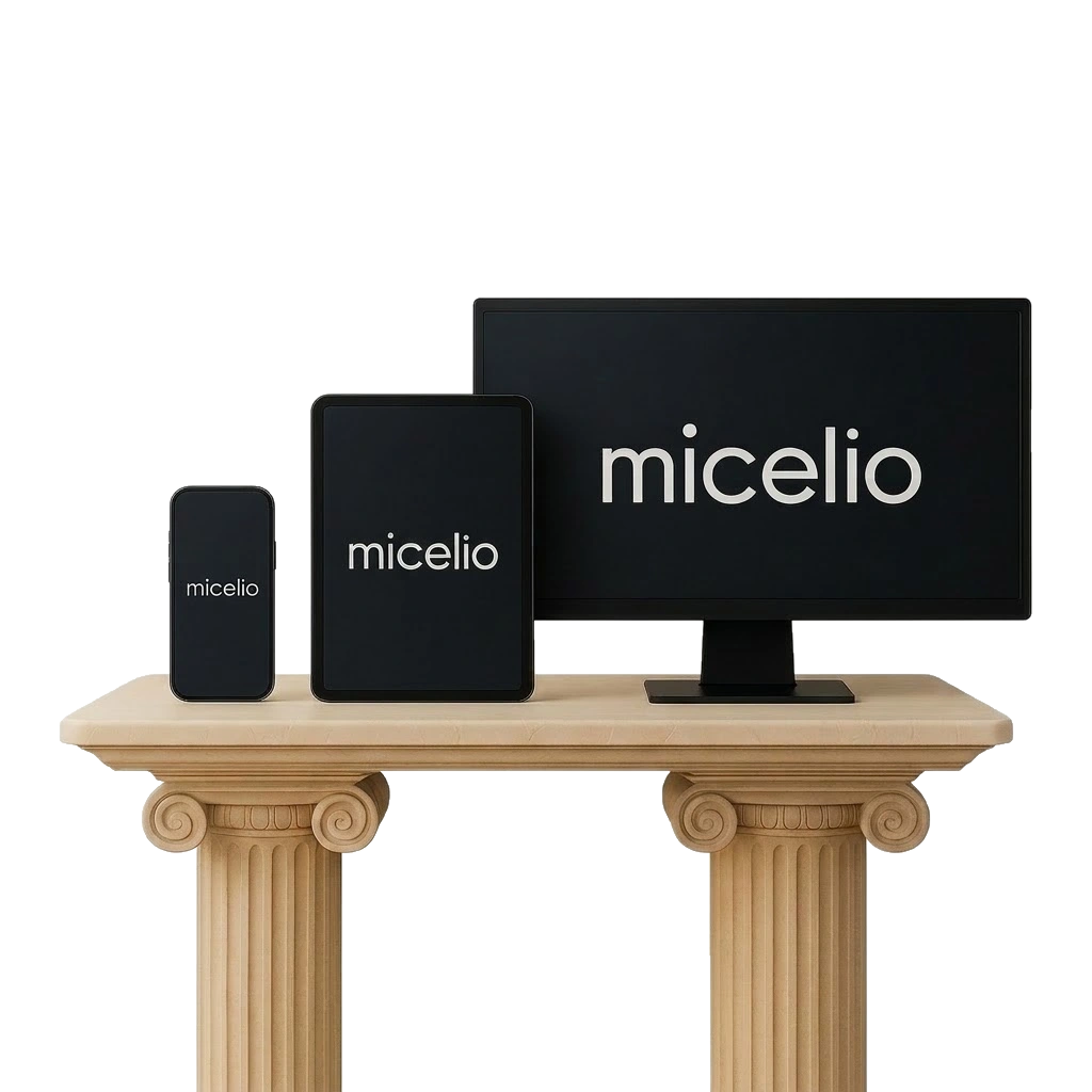 Dispositivos digitales con la identidad de Micelio sobre una columna de mármol