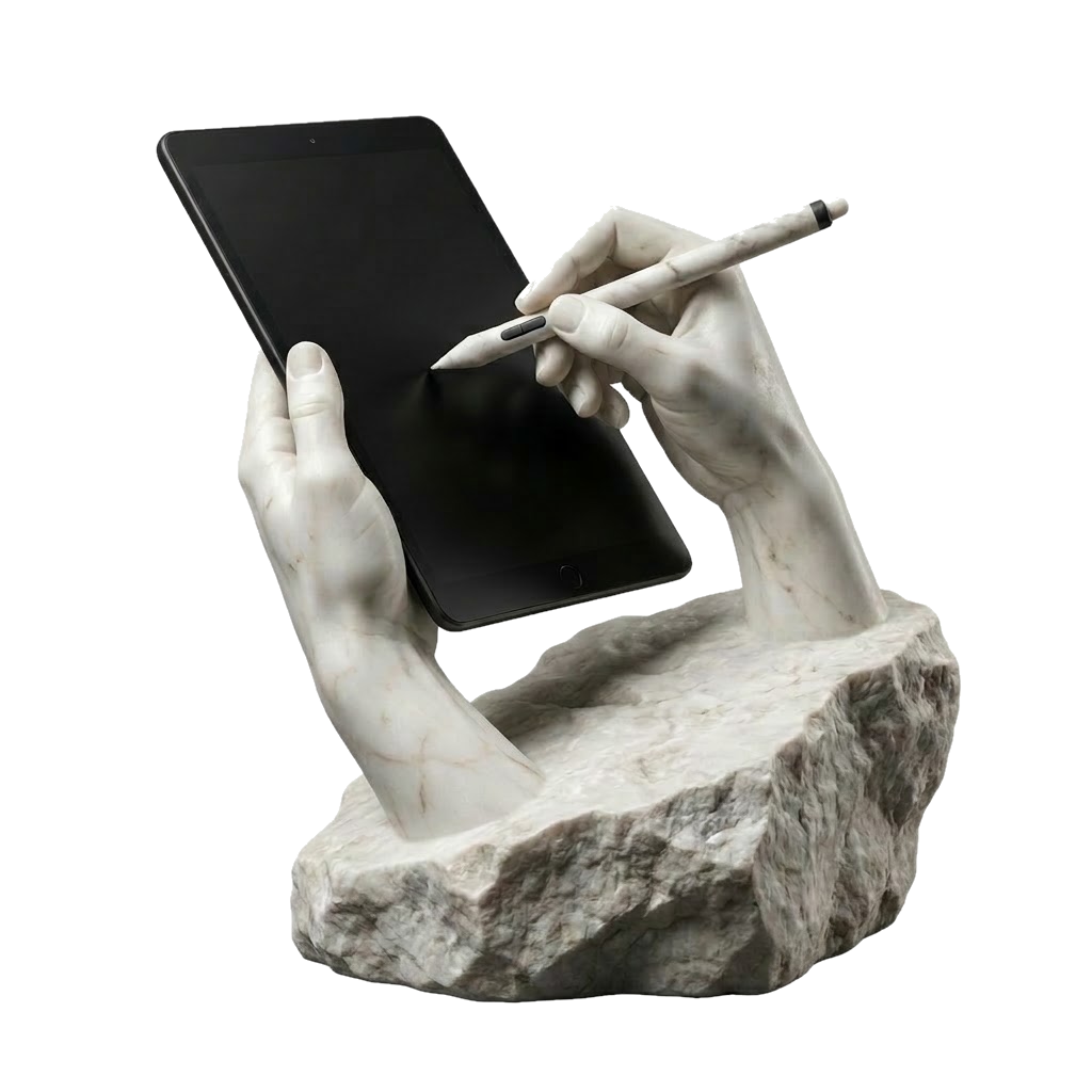 Manos de mármol sostienen una tableta y dibujan en ella con un lápiz digital
